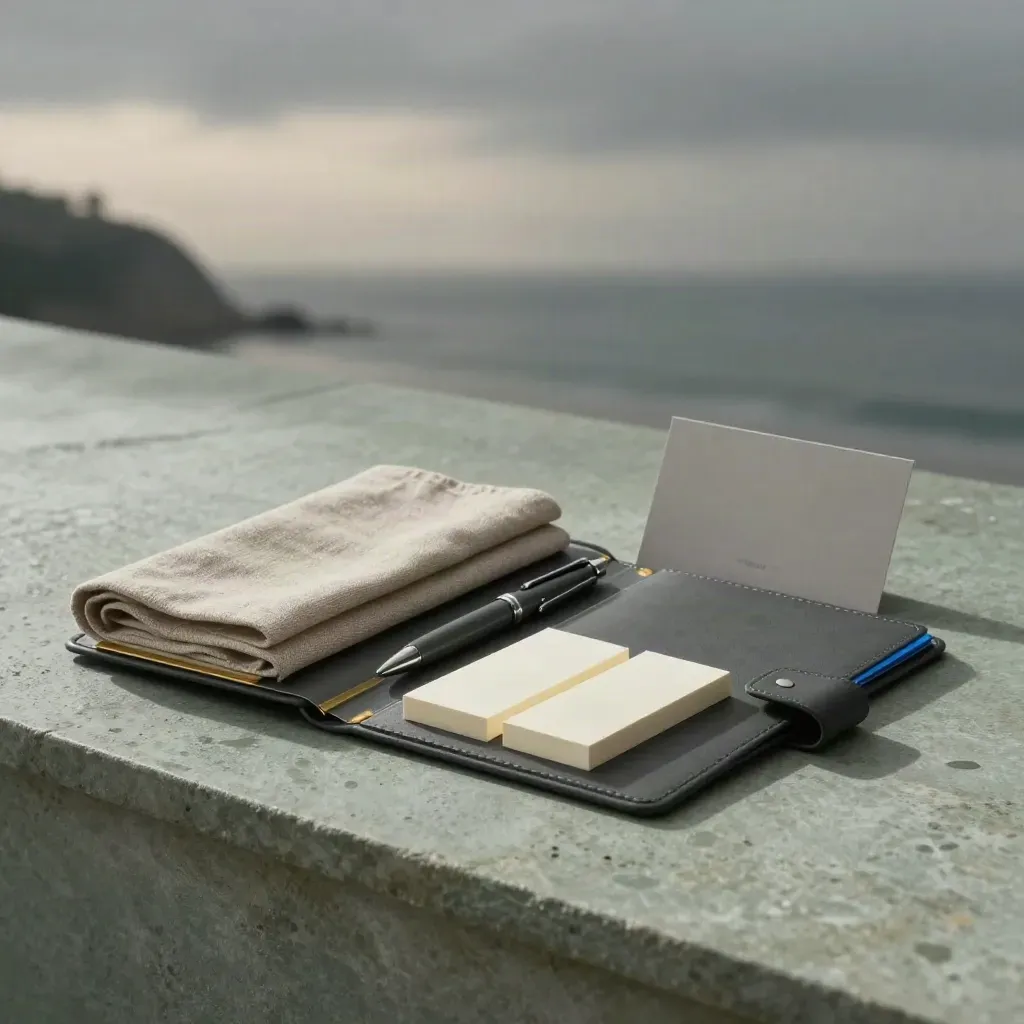 Unbranded drafting kit with charcoal folio, brass edges, paper blocks, and a subtle blue accent.