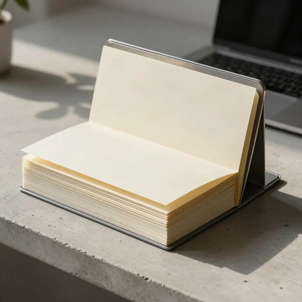 Neat folders, inserts, and paper stack on pale concrete with soft light and laptop shadow.