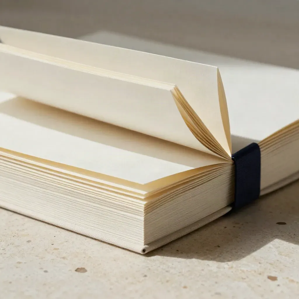 Half-open outline pack with layered paper edges, canvas wrap and navy accent on travertine.
