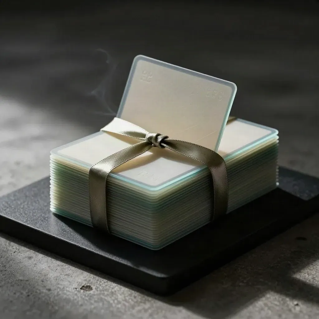 Dark dramatic stack of translucent rewrite cards with a lifted card and ribbon on black stone.