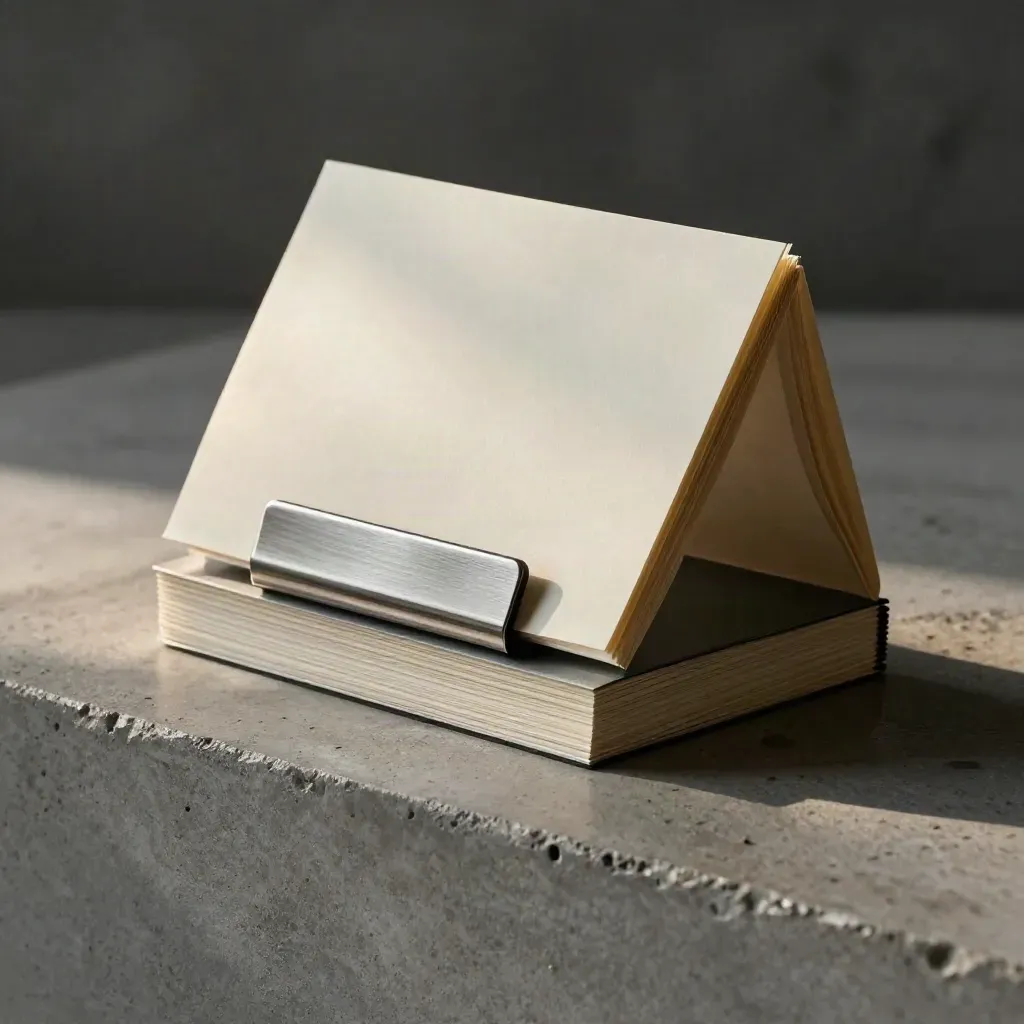 Fanned paper slips in a dark holder with metallic clip on concrete, lit dramatically in haze.