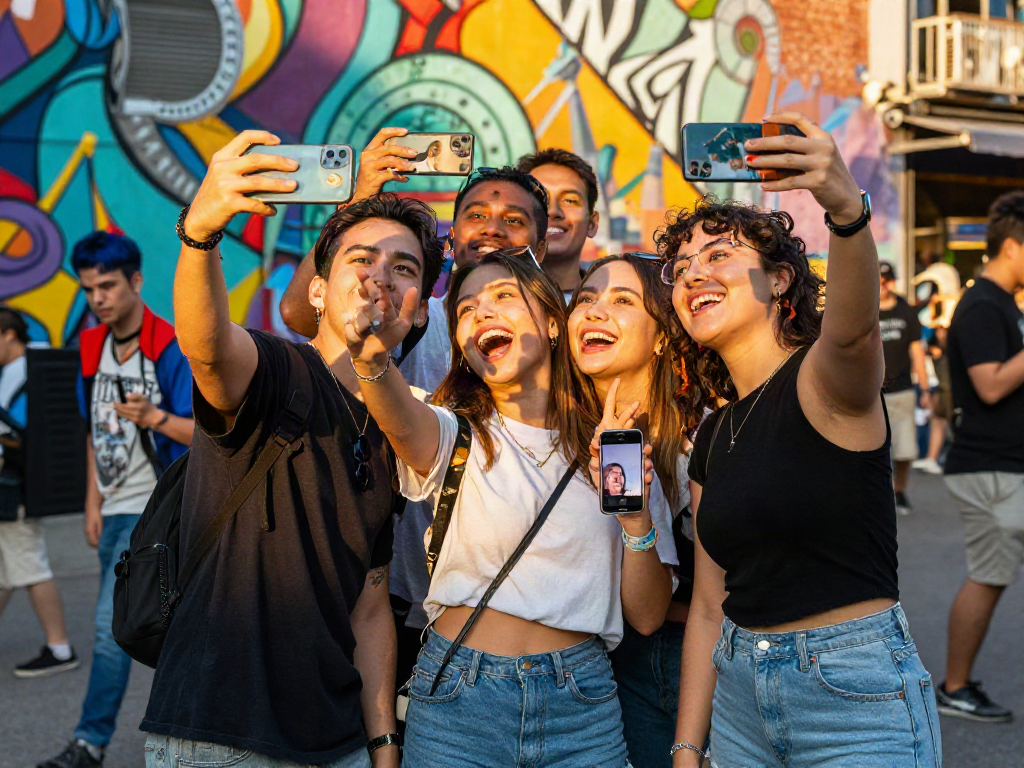 Group of friends enjoying a fun moment discovering celebs I look like in a vibrant urban setting